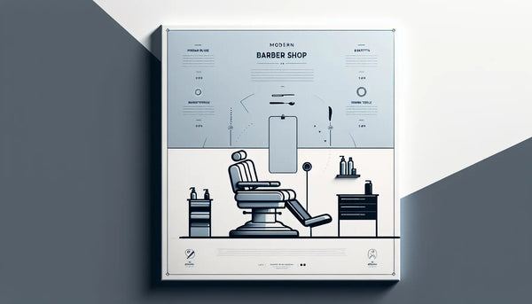 Minimalistische Vektorgrafik eines stilisierten Friseursalon-Stuhls in Persian Blue mit gelbem Akzentpunkt vor weißem Hintergrund. Überschrift Friseursalon Moderne und kurzer Stichpunkt Kreativität und Professionalität.