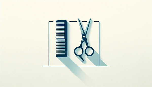 Stilisiertes Friseurwerkzeugset mit Kamm und Schere als schlichte Vektorgrafik auf weissem ruhigem Hintergrund mit Text zu Friseurwerkzeugset