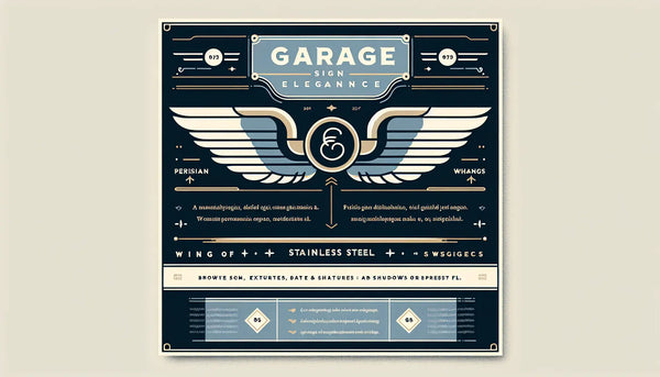 Minimalistisches Garagenschild mit symmetrischen Flügeln in Persian Blue und kleinem gelben Akzent auf weißem Hintergrund.