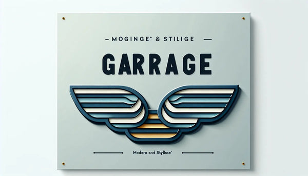Garagenschild mit Fluegeln als klare Vektorgrafik auf hellem ruhigem Hintergrund mit Text zu modernem stilvollem Design
