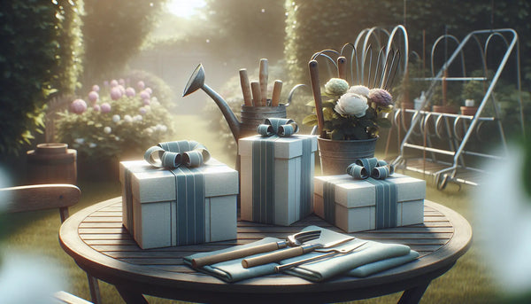 Elegante, schlanke Geschenkboxen mit blauen Bändern auf einem Gartentisch mit Gartenwerkzeugen und blühenden Pflanzen im Hintergrund, warm und einladend.