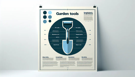 stilisiertes gestaltetes schaufel werkzeug als klare vektorgrafik auf weissem hintergrund mit text zu garten werkzeuge essenzielle basics fuer gartenarbeit
