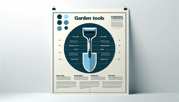 stilisiertes gestaltetes schaufel werkzeug als klare vektorgrafik auf weissem hintergrund mit text zu garten werkzeuge essenzielle basics fuer gartenarbeit