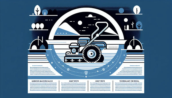 moderne gartenmaschine als klare vektorgrafik in ruhiger parklandschaft mit minimalistischem hintergrund und text zu gartenmaschinen basics