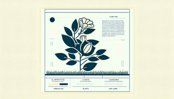 Minimalistische Vektorillustration einer stilisierten blühenden Pflanze in Persian Blue mit gelbem Akzentpunkt auf weißem Hintergrund, Text Gartenpflege und Pflanzen und Rasen