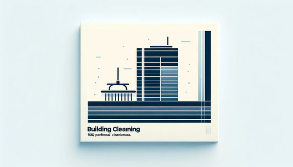 Minimalistische Vektorgrafik eines stilisierten Fensterwischers in Persian Blue mit gelbem Akzent auf weißem Hintergrund. Thema Gebäudereinigung, professionelle Sauberkeit.