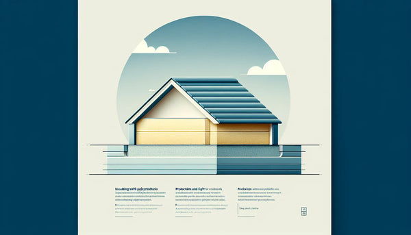 stilisiertes dachquerschnitt mit daemmkern in minimalistischer vektoroptik auf hellem hintergrund mit text und blauem himmel