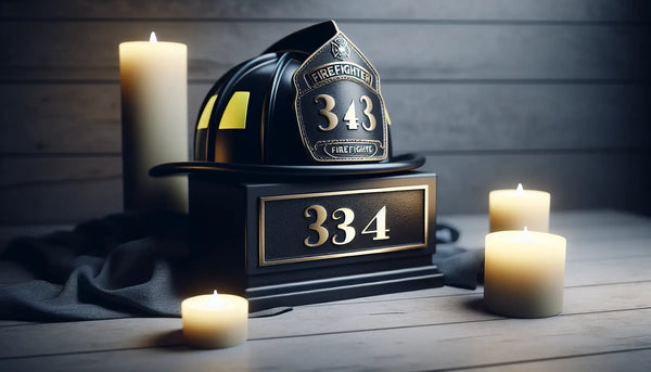 Ein Feuerwehrhelm und eine Gedenktafel mit der Zahl 343, umgeben von warmem Kerzenlicht in ruhiger Atmosphäre.