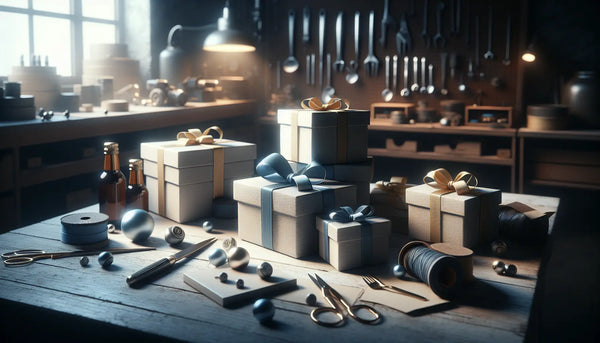 Elegante Geschenke mit blauen Bändern in einer warm beleuchteten Mechanikerwerkstatt mit ordentlichen Werkzeugen und Holzoberflächen.