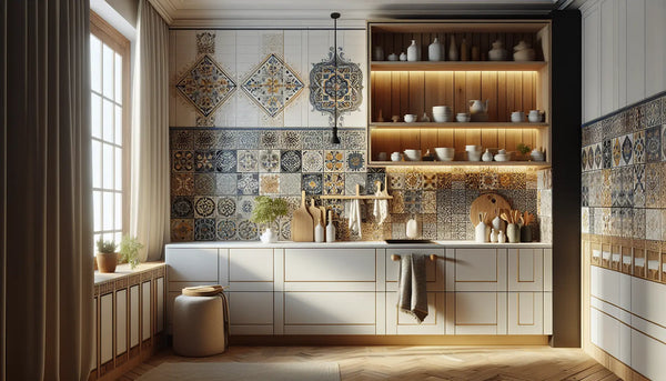Warmes, einladendes Küchenbild mit modernen Persian Blue Fliesenaufklebern, Holzelementen und dezenten Hunyadi Yellow Akzenten im Steelmonks Stil.