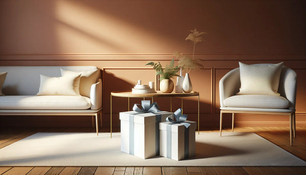 Gemütliche Wohnzimmer-Szene mit schlanken Geschenkboxen in Ghost White und Persian Blue, warmes Licht, Terrakotta-Wand, Pflanzen, freundlich und einladend.