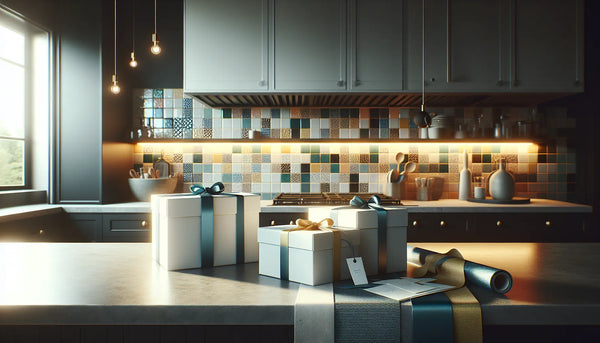 Moderne Küche mit dekorativen Mosaikfliesen und elegant verpackten Geschenken in Steelmonks Farben, warm und einladend, Atmosphäre der Wertschätzung.