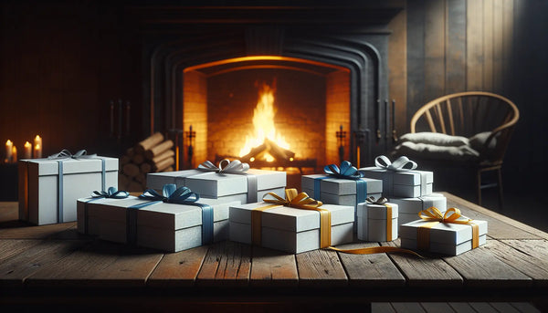 Elegante Geschenke vor Kaminfeuer im rustikalen Wohnzimmer, stilvoll verpackt in Steelmonks Farben, gemütliche und wertschätzende Atmosphäre.
