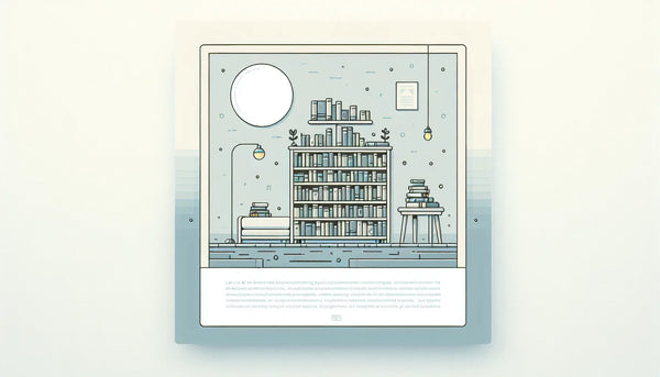 Minimalistisches Bücherregal mit gestapelten Büchern in Persian Blue mit gelbem Akzent auf weißem Hintergrund symbolisiert gemütlichen Leseraum.