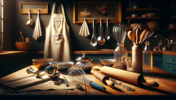 Gemütliches Backstudio mit Holz­tisch, Backutensilien und Vintage-Küchenschürze, stimmungsvolles Licht, Steelmonks-Farben für Akzente.