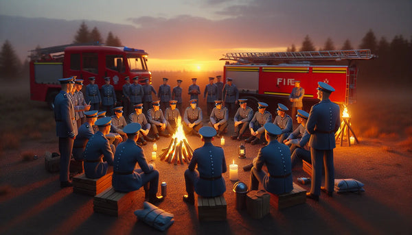Feuerwehrmitglieder in Uniform am Lagerfeuer bei Sonnenuntergang, warmes Kerzenlicht, Feuerwehrfahrzeug im Hintergrund, freundliche Gemeinschaft.