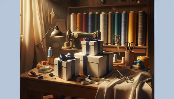 Gemütliches Schneideratelier mit bunten Stoffen, Scheren und elegant verpackten Geschenken in Steelmonks Farben.