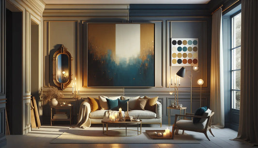 Ein warm beleuchtetes Wohnzimmer mit einer Wand, an der ein großformatiges Bild und ein rustikaler Spiegel hängen, in sanfter Steelmonks-Farbgebung mit Persian Blue, Ghost White, Hunyadi Yellow und Deep Black.