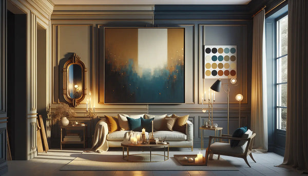 Ein warm beleuchtetes Wohnzimmer mit einer Wand, an der ein großformatiges Bild und ein rustikaler Spiegel hängen, in sanfter Steelmonks-Farbgebung mit Persian Blue, Ghost White, Hunyadi Yellow und Deep Black.