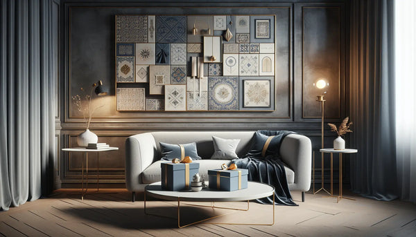 Gemütliches Wohnzimmer mit eleganten, schlanken Geschenkboxen im Steelmonks-Design und warmem Ambiente mit Akzentwand und Wanddekorationen.