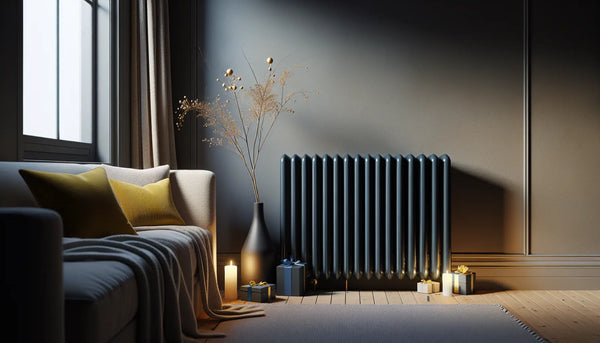 Modernes Wohnzimmer mit schlankem schwarzem Heizkörper, elegant verpackten Geschenken mit blauen und gelben Akzenten, warm und einladend beleuchtet.