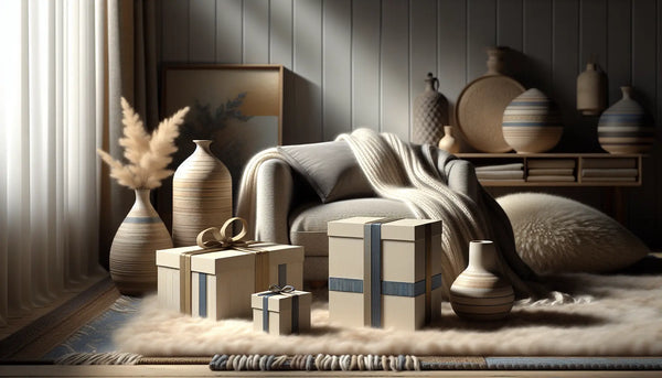 Gemütliches Wohnzimmer mit handgefertigten Keramikvasen, weichen Wollteppichen und elegant verpackten Geschenken in Steelmonks Farbpalette.