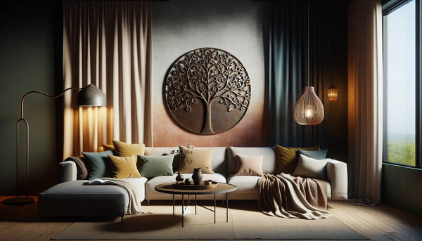 Einladendes Wohnzimmer mit rustikalem Metallschild „Baum des Lebens“, warm beleuchtet, minimalistisch und gemütlich im Steelmonks-Farbschema.