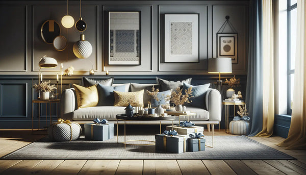 Gemütliches Wohnzimmer mit Steelmonks-Geschenkboxen in Blau, Weiß und Gelb, warm beleuchtet, harmonisch und einladend eingerichtet.