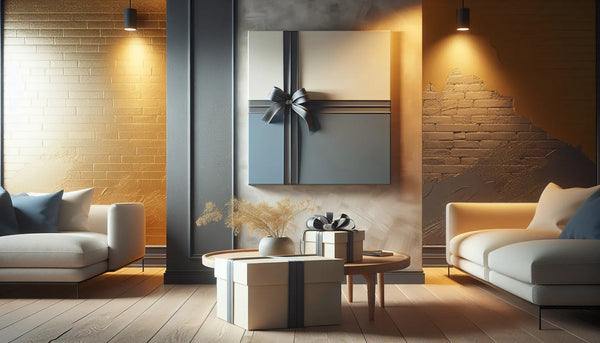 Gemütliches Wohnzimmer mit modernen Wanddekorationen auf Gipskarton und Ziegeln, elegante Geschenke mit blauen Bändern, warme Atmosphäre.