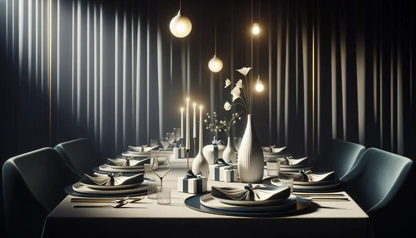 Stilvolles Restaurantambiente mit elegantem Tischgeschirr, sanfter Beleuchtung und warmen Akzenten in Steelmonks-Farben für eine freundliche Atmosphäre.