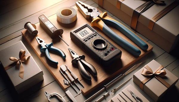 Geordnetes Set von Elektrikerwerkzeugen wie Spannungsprüfer, Multimeter und Zangen auf Werkbank in Steelmonks-Farben, professionell und einladend fotografiert.