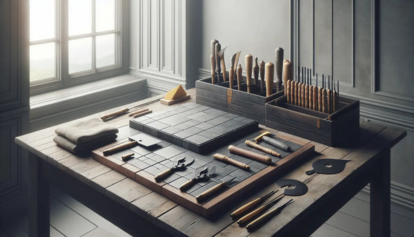 Sauber organisierte Fliesenwerkstatt mit Fliesenschneider, Fliesenkreuzen und Zahnspachtel auf Holztisch im Steelmonks-Farbschema.
