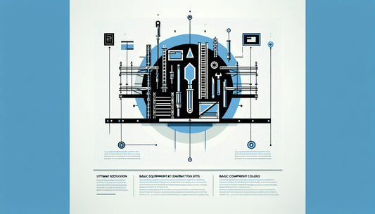 Minimalistische Vektorgrafik eines stilisierten Gerüstwerkzeugs in Persian Blue mit gelbem Akzent auf weißem Hintergrund, Überschrift Gerüstwerkzeuge und kurzer Stichpunkt Basisausstattung auf Baustellen.