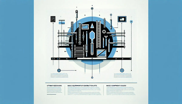Minimalistische Vektorgrafik eines stilisierten Gerüstwerkzeugs in Persian Blue mit gelbem Akzent auf weißem Hintergrund, Überschrift Gerüstwerkzeuge und kurzer Stichpunkt Basisausstattung auf Baustellen.