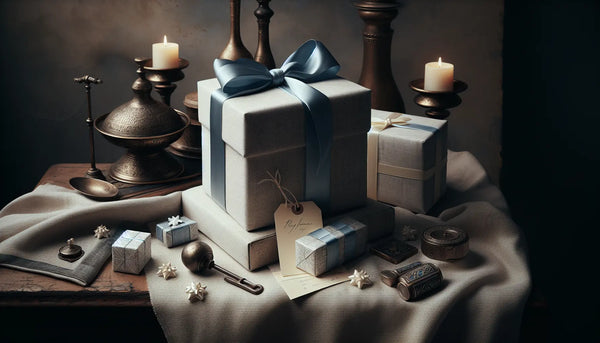 Elegante, schlanke Geschenkbox mit blauem Band, repräsentiert Präzision und Handwerkskunst in warmem Steelmonks-Stil.