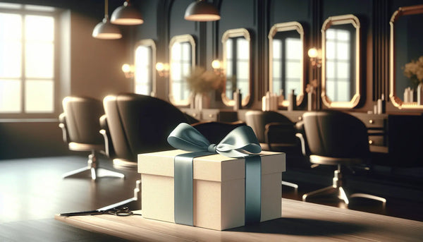 Elegantes Friseursalon mit stilvollem Geschenk in Weiß mit blauem Band auf Holztisch, warmes Licht, symbolisiert Wertschätzung und Trinkgeld.