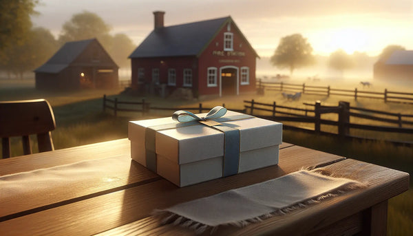Elegante Geschenkbox auf Holztisch vor ländlicher Feuerwehrstation bei Sonnenaufgang in warmem Steelmonks-Stil.
