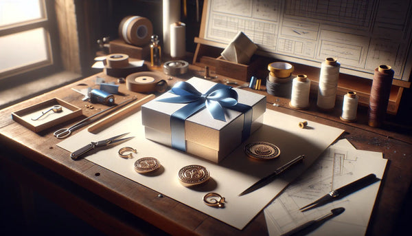 Elegante Geschenkbox mit blauem Band auf Werkbank mit Werkzeugen, Zunft-Anstecker und technischen Zeichnungen in hochwertiger Werkstatt.