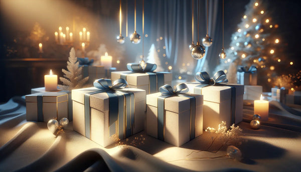 Elegante Geschenkbox mit Malteserkreuz-Motiv, persisch-blauem Band und warmem Licht auf historischem Hintergrund im Steelmonks-Stil.