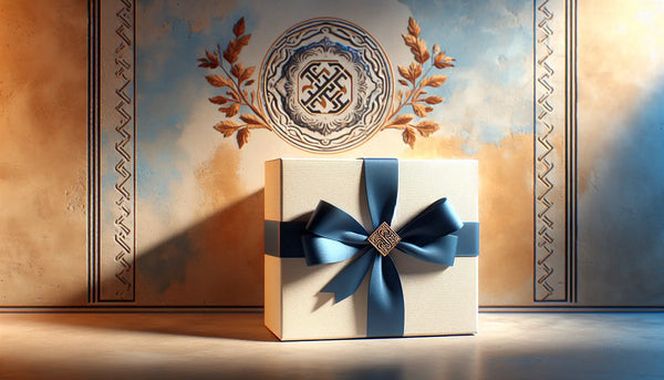 Elegantes Geschenk vor einer kreativen Wand mit Familienwappen in Steelmonks Farben, warm, realistisch und einladend beleuchtet.