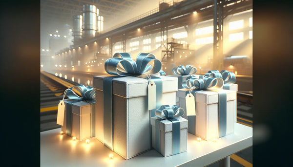 Elegante, schlanke Geschenkbox mit blauem Band in ruhiger, warm beleuchteter Umgebung vor Industriekomplex mit Sicherheitsmerkmalen.