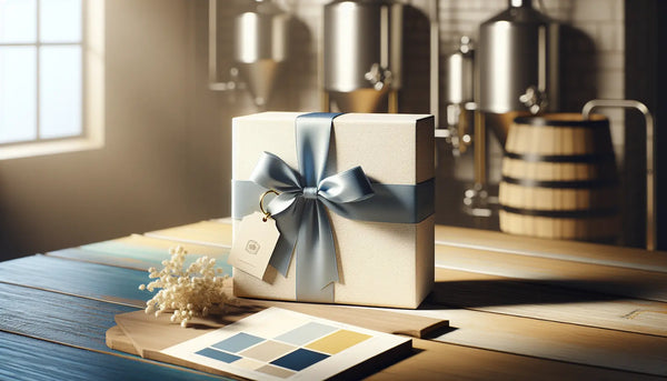 Elegante, slim verpackte Geschenkbox mit blauem Band auf Holzuntergrund, im Hintergrund unscharfe Brautechnik, warmes Licht, Steelmonks Farbschema.