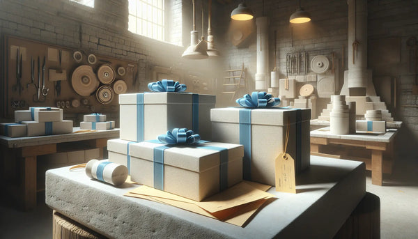 Elegante, schlanke Geschenkboxen mit blauen Bändern in einer Werkstatt eines Steinmetzes mit traditionellen Werkzeugen und moderner Maschine, warm beleuchtet.