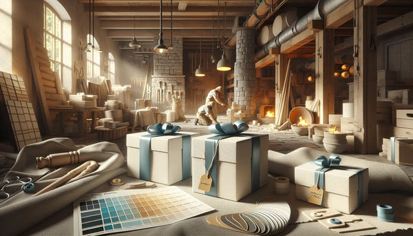 Elegante, realistische Geschenke mit blauen Bändern auf Baustelle mit Heizungsinstallation, warme Atmosphäre, Handwerk und Wertschätzung im Steelmonks Stil.