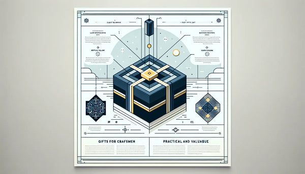 Minimalistische Vektorillustration einer Geschenkbox in Persian Blue mit gelbem Akzentpunkt auf weißem Hintergrund symbolisiert Geschenke für Handwerker