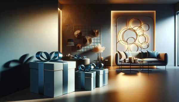 Schlanke Geschenkboxen mit blauen Bändern in modernem Wohnraum mit farbiger Akzentwand und dekorativem Metallwandstück in Steelmonks Farben.