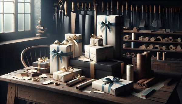 Traditionelle Werkstatt mit einem massiven Holztisch, auf dem schlanke, elegant verpackte Geschenke mit blauen und gelben Bändern liegen, umgeben von warmem Licht und handwerklichen Werkzeugen.