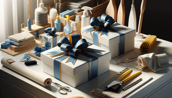 Moderne Werkstatt mit sauber verpackten Geschenken und Reinigungsgeräten in warmem, professionellem Ambiente im Steelmonks Look.