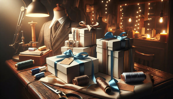Elegante Geschenkboxen in einer Schneiderwerkstatt auf Holztisch mit Werkzeugen, warm beleuchtet im Steelmonks Farbstil.