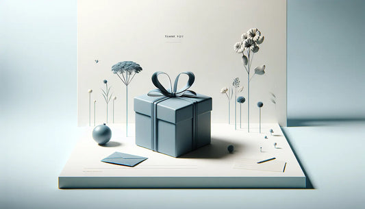 Geschenkpaket minimalistisch stilisiert umgeben von stilisierten Blumen und Dankeskarte auf weissem Hintergrund mit ruhigem Design